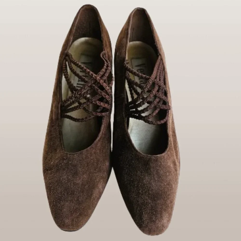 Vertan Brown Leather Suede Criss-Cross Elastic Strap Pumps -  Size 8M